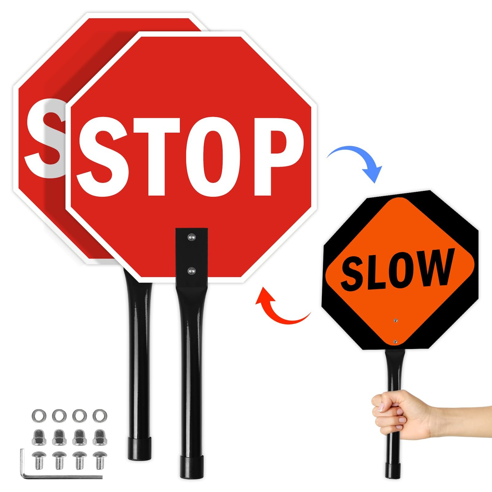 2 PCS 12×12 Inch Stop Slow Sign Metal Handle Double Sided Reflective Traffic
