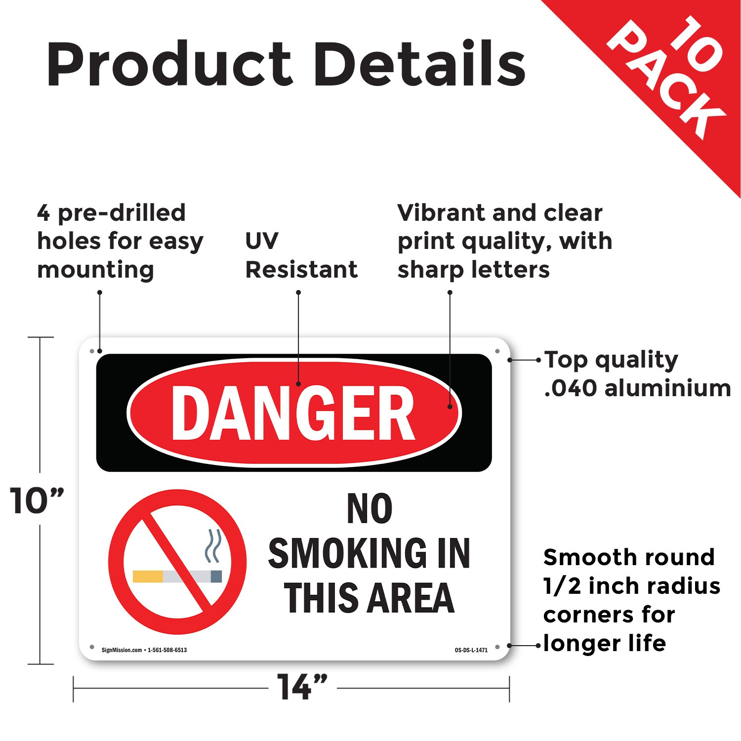 No Smoking In This Area OSHA Danger Sign Metal, Plastic, Or Decal – 5 or 10 Pack