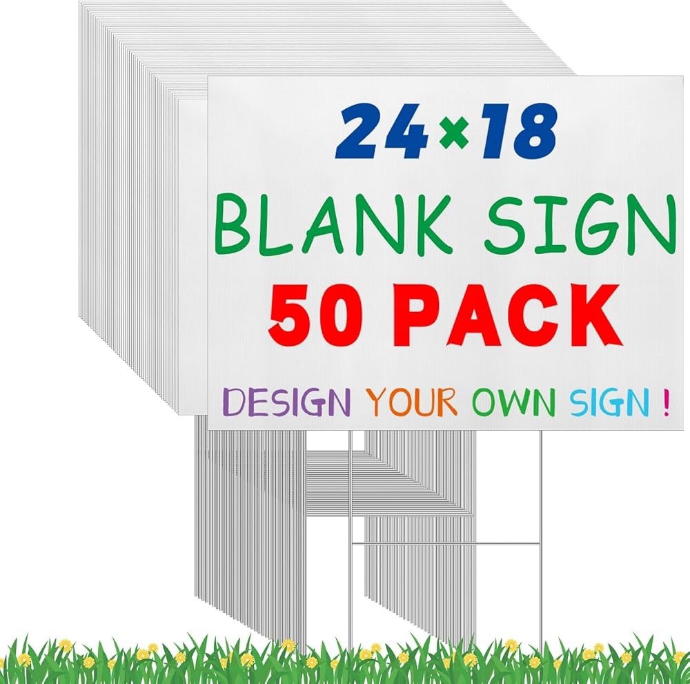 50- 18×24 Inches Large Blank Yard Signs with H Stakes Corrugated White Plastic