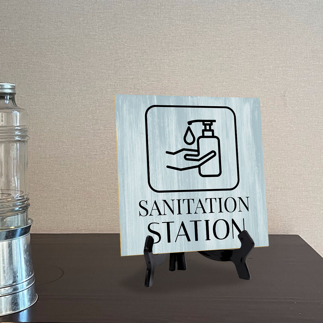 Sanitation Station 5″x 5″ Square Table Sign With Acrylic Easel | Restrooms Décor