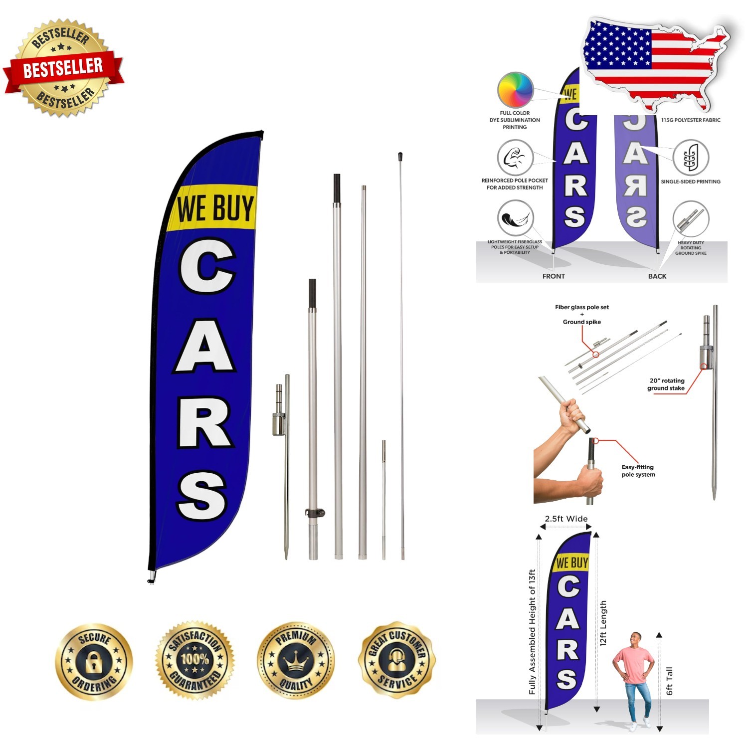 Durable 12ft Feather Flag Kit Polyester UV Resistant Rotating Ground Spike