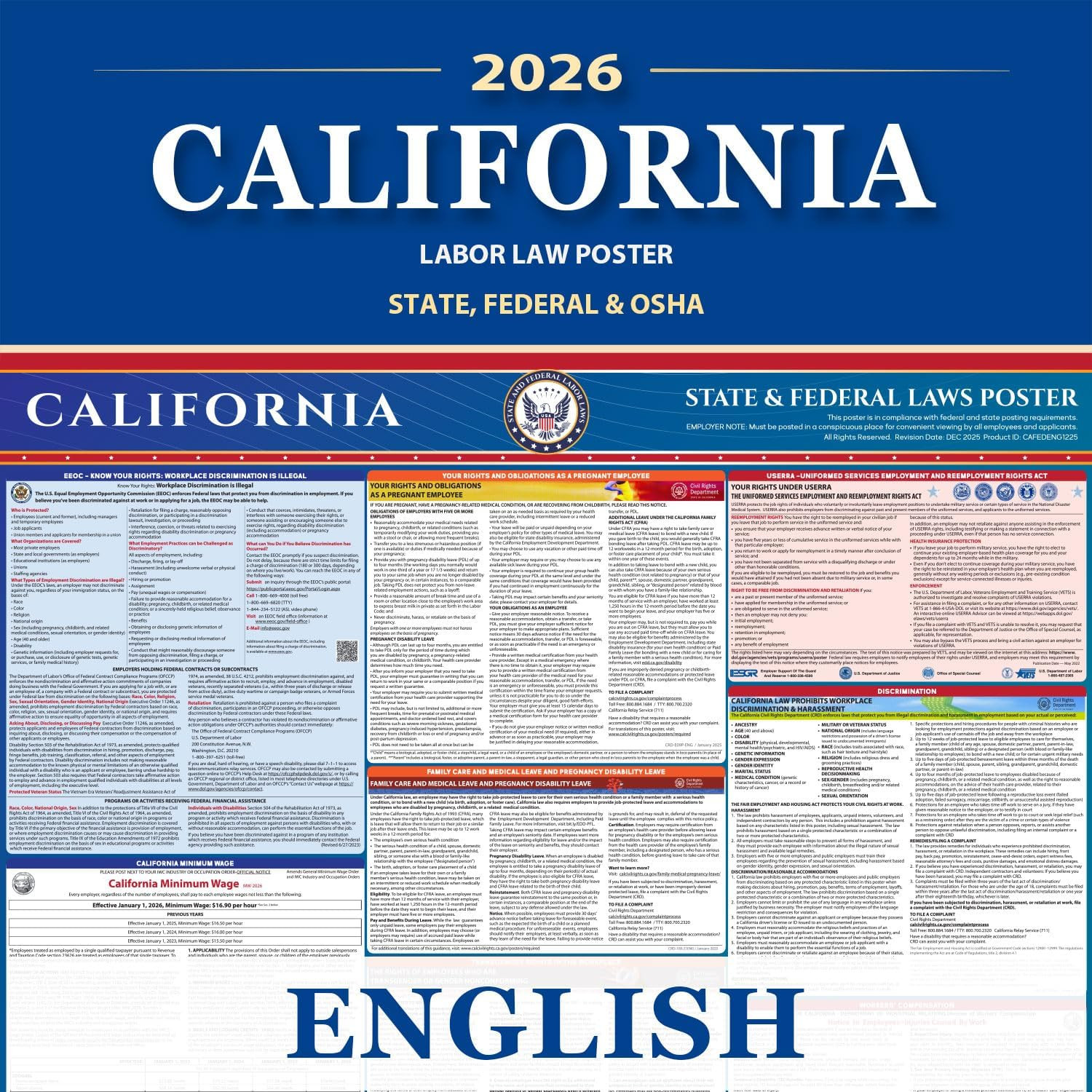 California Labor Law Poster State, Federal, OSHA Compliant, 2026 All-In-One 24X3
