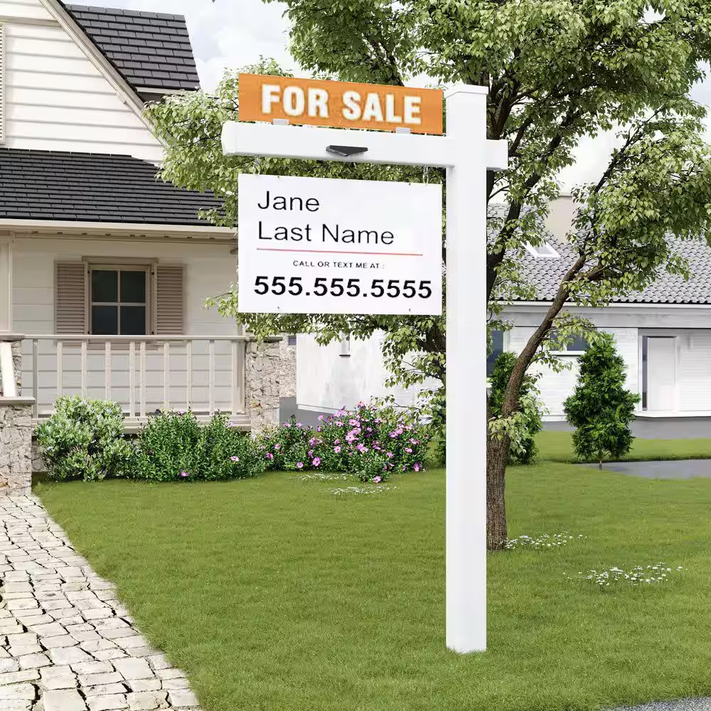 Solar Real Estate Sign Post with 2-LED Lights Adjustable PVC Yard Sign and Metal