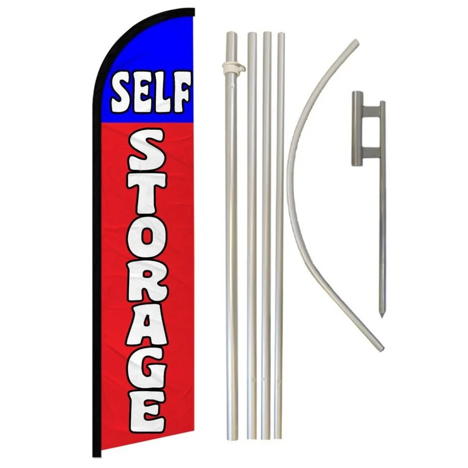 Self Storage Windless Advertising Banner Flag & Pole Kit (Red/Blue)