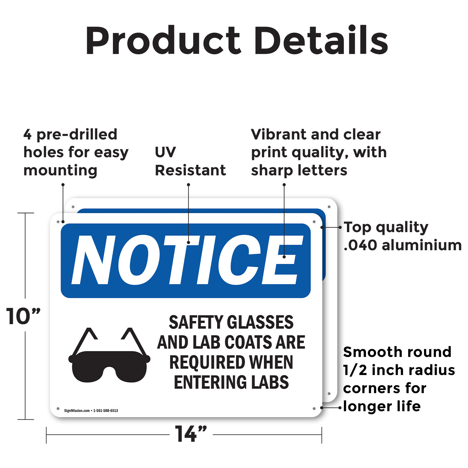 (2 Pack) Safety Glasses And Lab Coats OSHA Notice Sign Decal Metal Plastic
