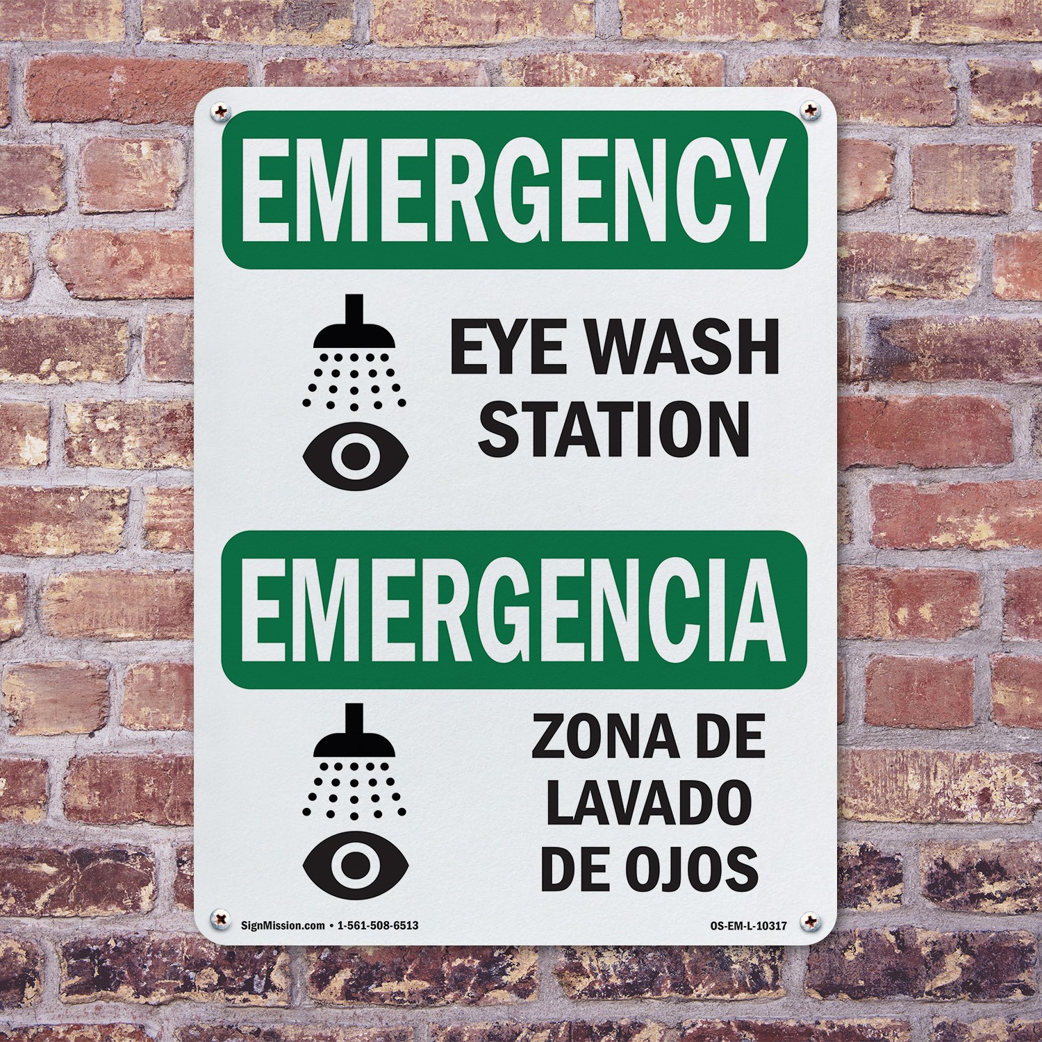 Eye Wash Station Bilingual OSHA Emergency Sign Metal Plastic, Decal 5 or 10 Pack