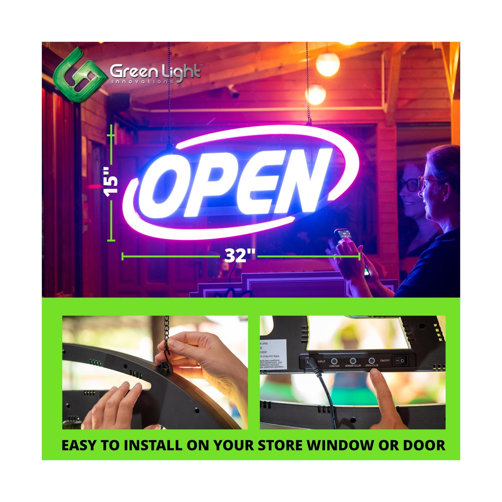 Super‑Bright LED Open Sign 15×32 in – Programmable with 6
