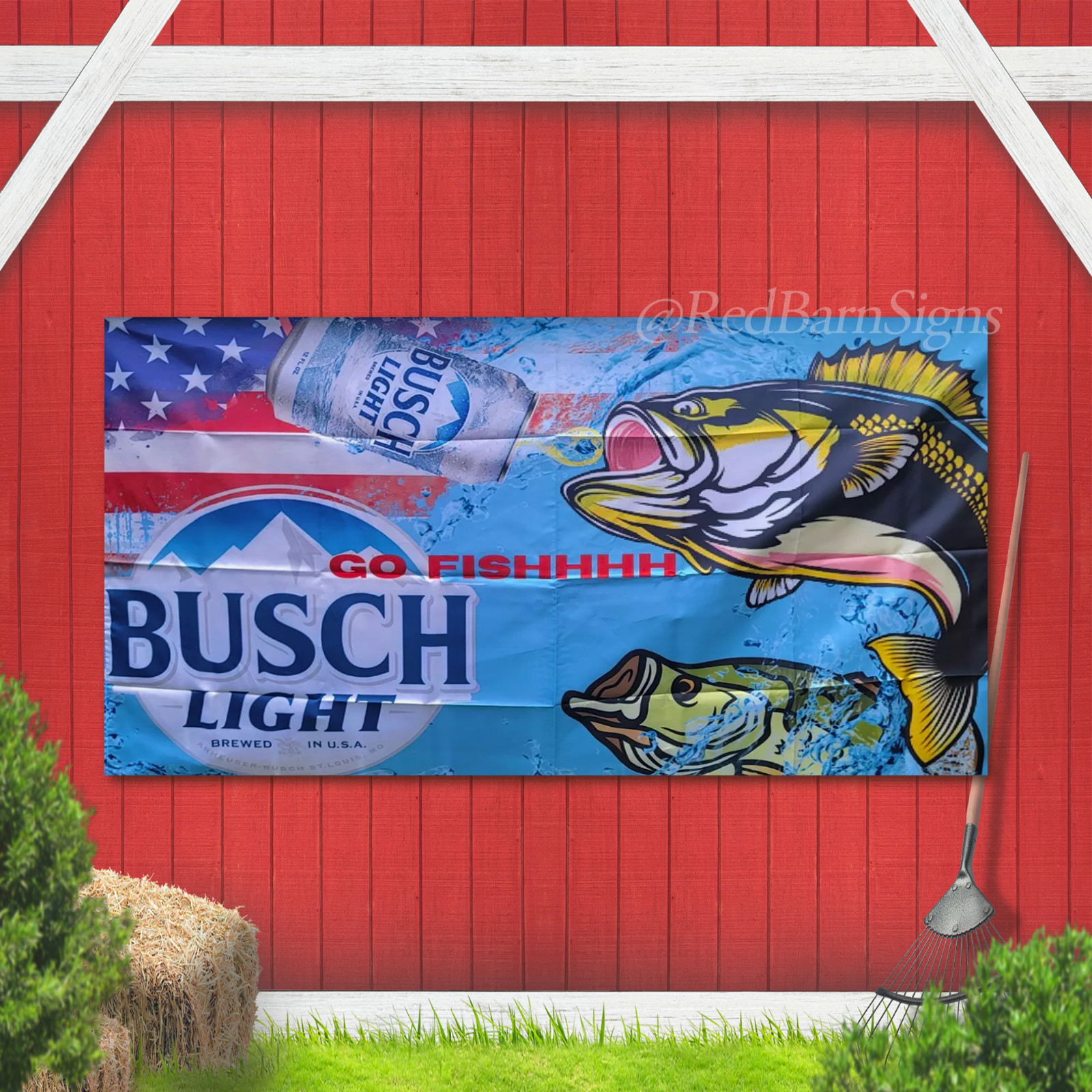 Go Fishhhh Busch Light Fishing Flag Banner Garage Man Cave Bar Pub Decor