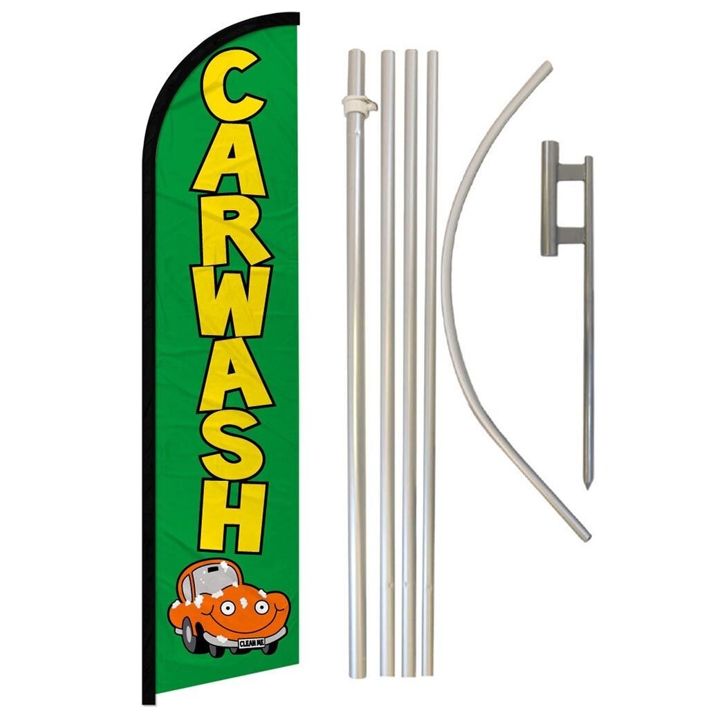 Car Wash Windless Full Curve Advertising Auto Banner Flag & Pole Kit (Green)