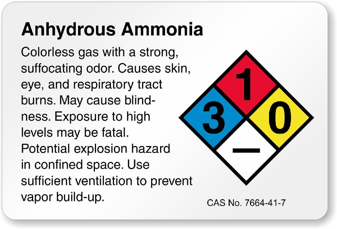 Ammonia Warning Sign Aluminum Weatherproof Outdoor Safety 8×12 Metal