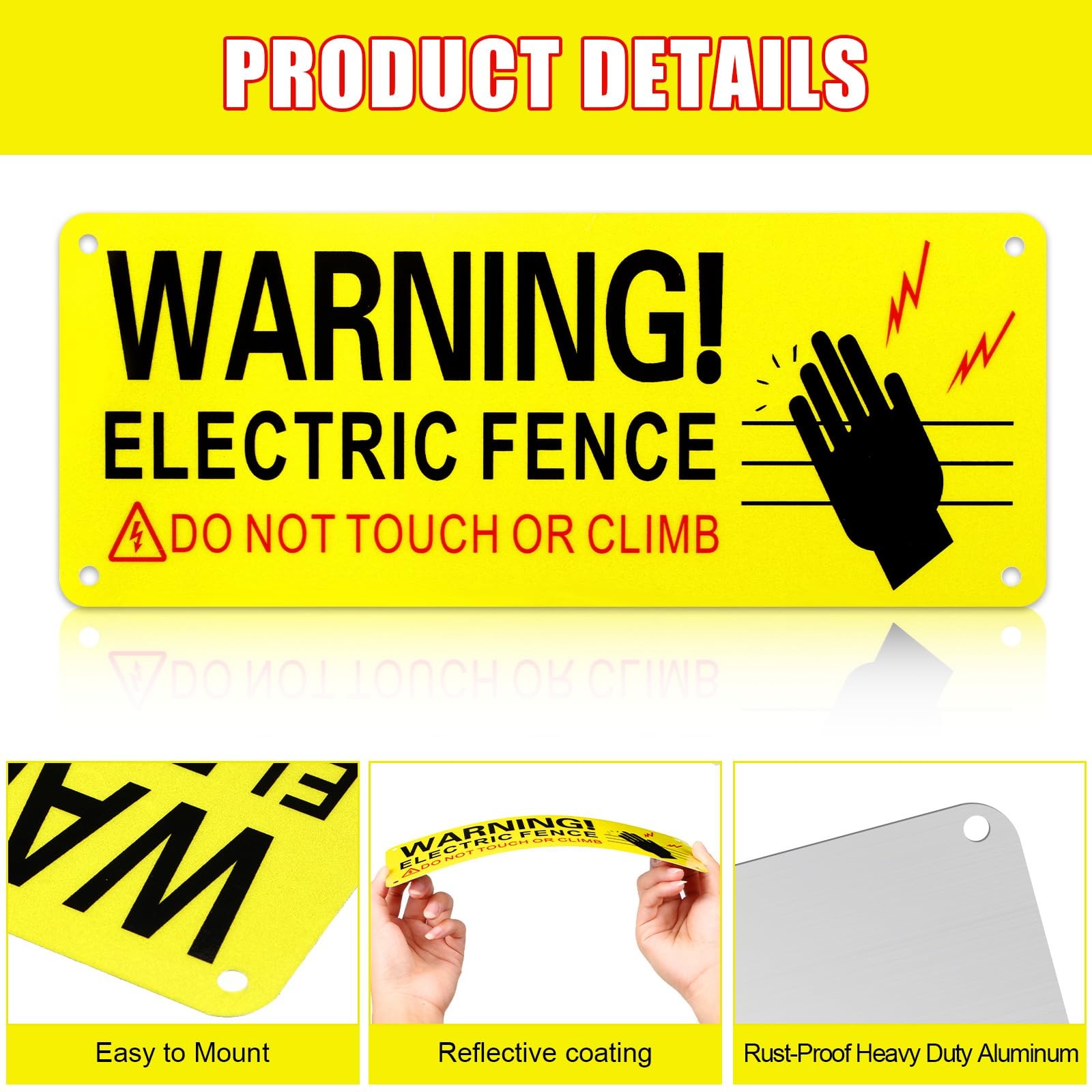 8 Pack Metal Electric Fence Warning Signs 10 x 4 Inches Reflective Aluminum