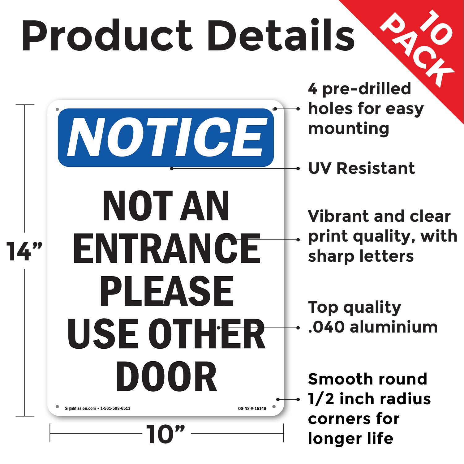 Not An Entrance Please Use Other Door OSHA Notice Sign Or Decal – 5 or 10 Pack
