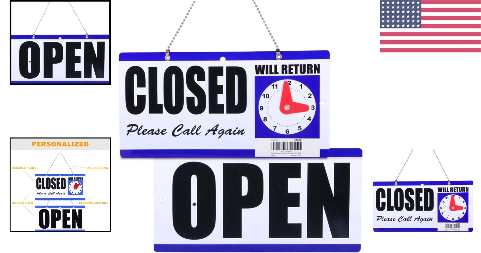 Professional Hanging Open Closed Sign with Integrated Clock – Durable Plastic