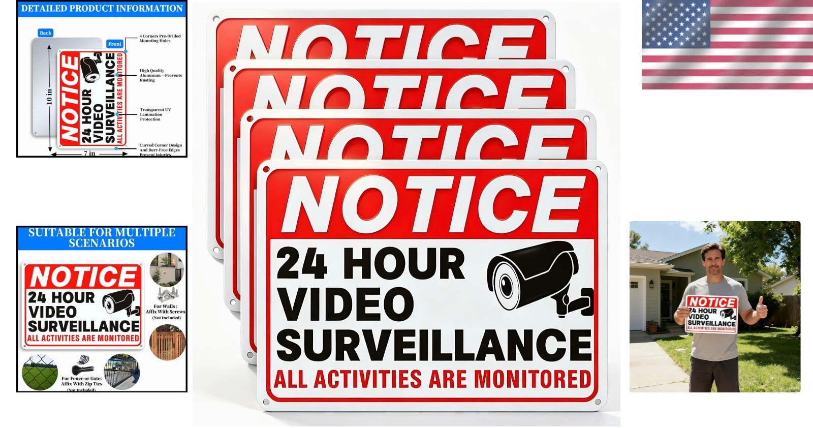 4 Pack Video Surveillance Signs, 10 x 7 Inch Aluminum Camera Signs, CCTV Securit