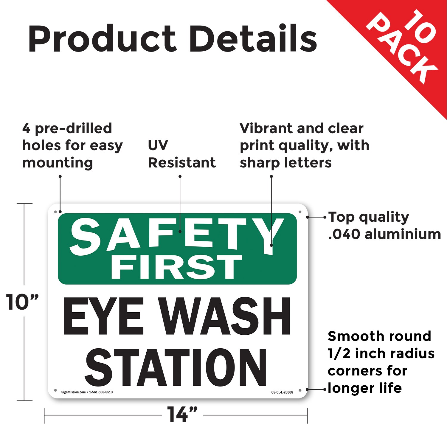 Eye Wash Station OSHA Safety First Sign Metal, Plastic, Or Decal – 5 or 10 Pack