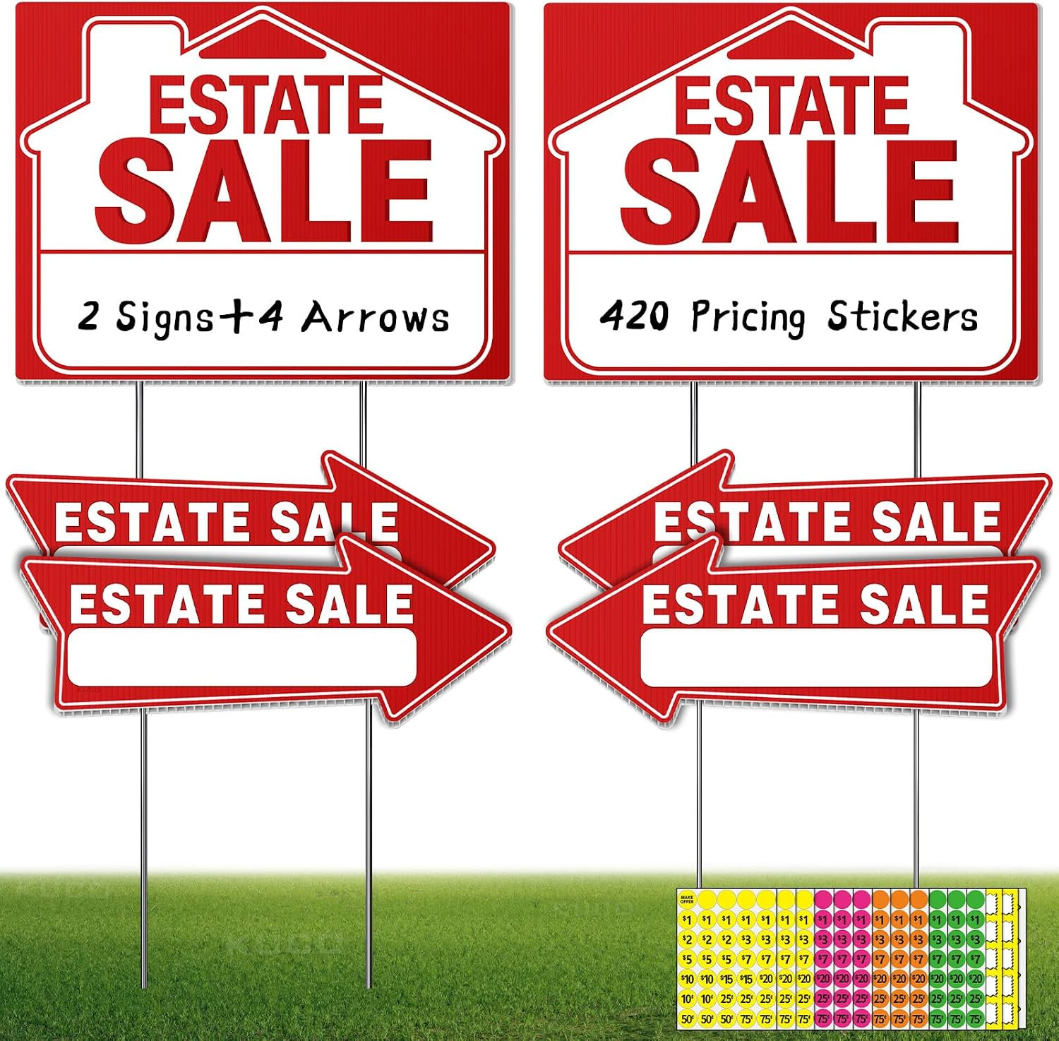 Estate Sale Signs with Directional Arrows, 6 Pack Double Sided Yard Signs & 420