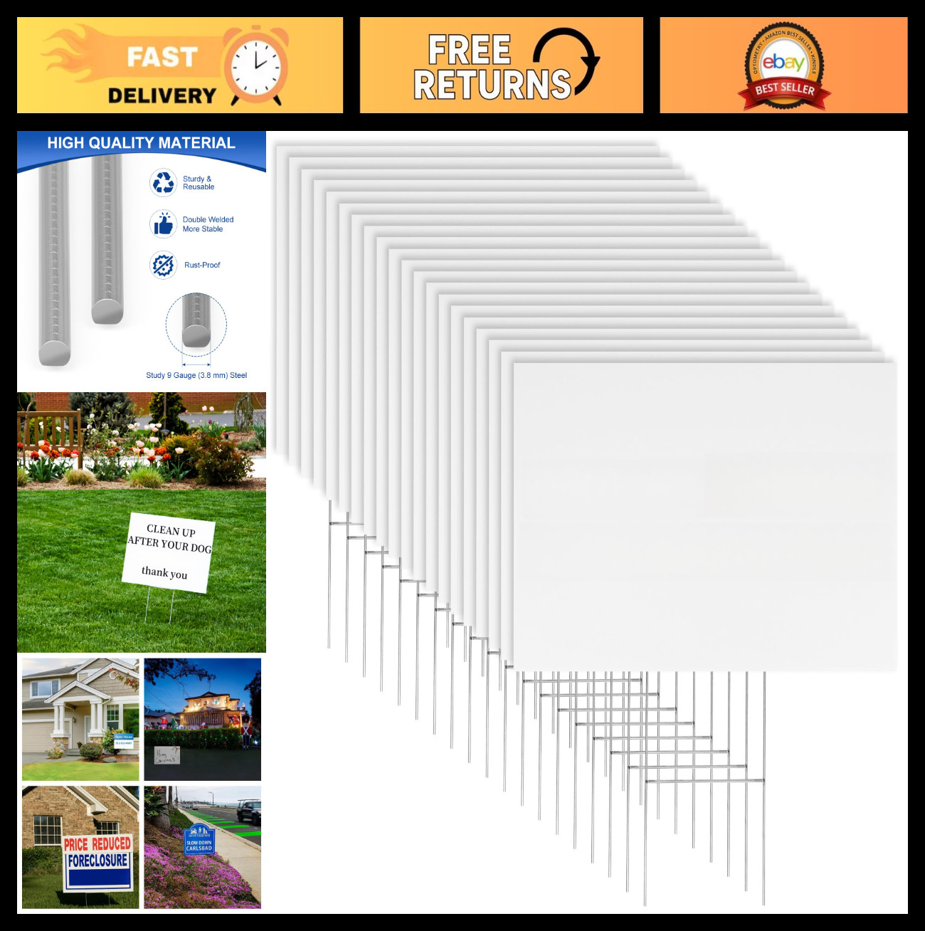20 Pack 17″x12″ White Corrugated Plastic Yard Signs with Metal Stakes for Events
