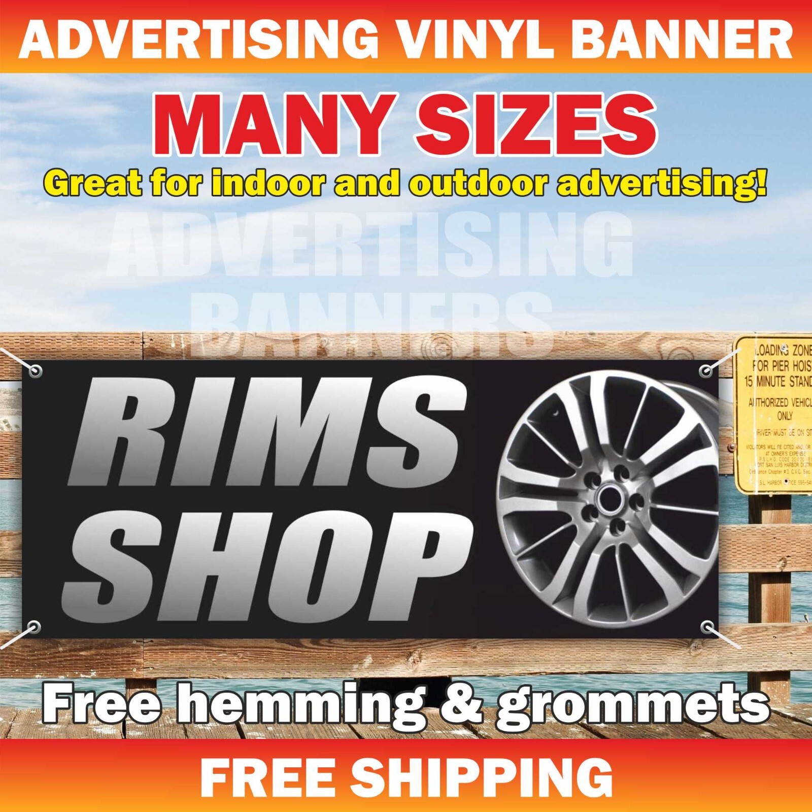 RIMS SHOP Advertising Banner Vinyl Sign Wheels Repair Service Garage Flat Tire