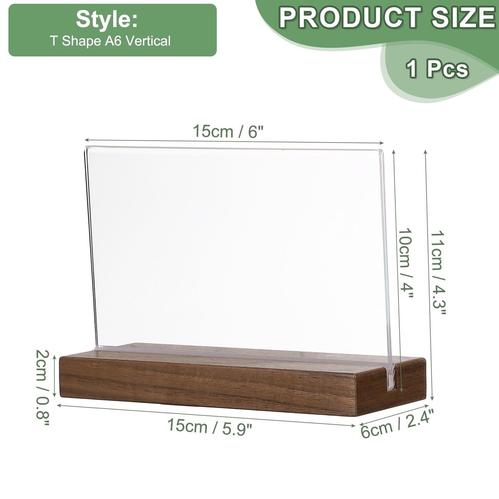 6″ x 4″ Acrylic Sign Holder Wood Base, T-Shape A6 Clear Holder Horizontal