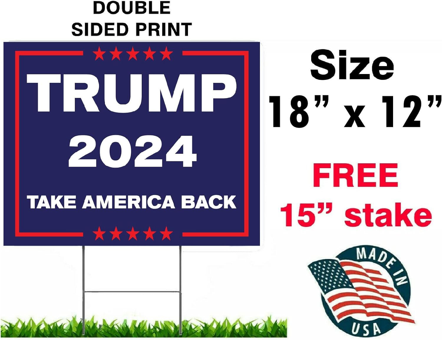 TRUMP 2024 TAKE AMERICA BACK 18″x12″ YARD SIGN WITH STAKE PENCE WHOLESALE USA