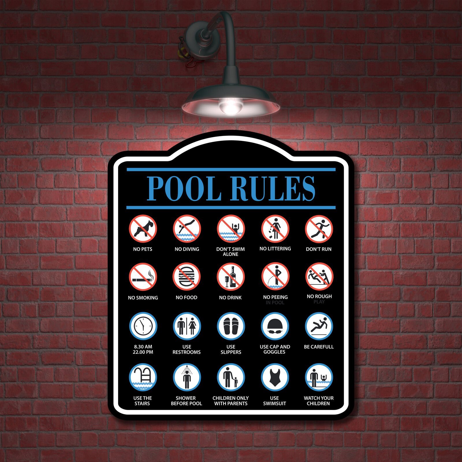 Pool Rules w Icons BLACK Aluminum Composite Sign