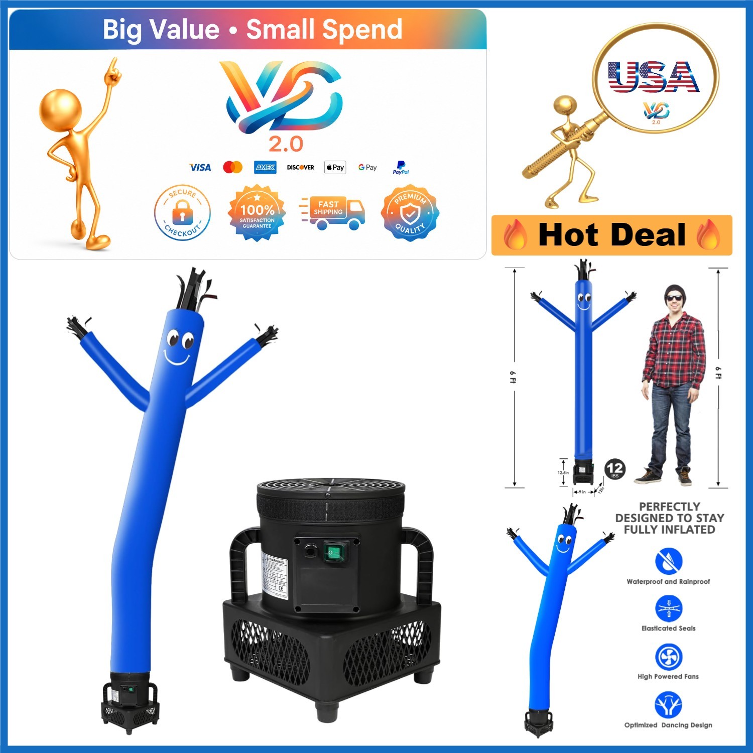6FT Sky Dancer Inflatable with 1/3HP Blower Blue Groot Party Set