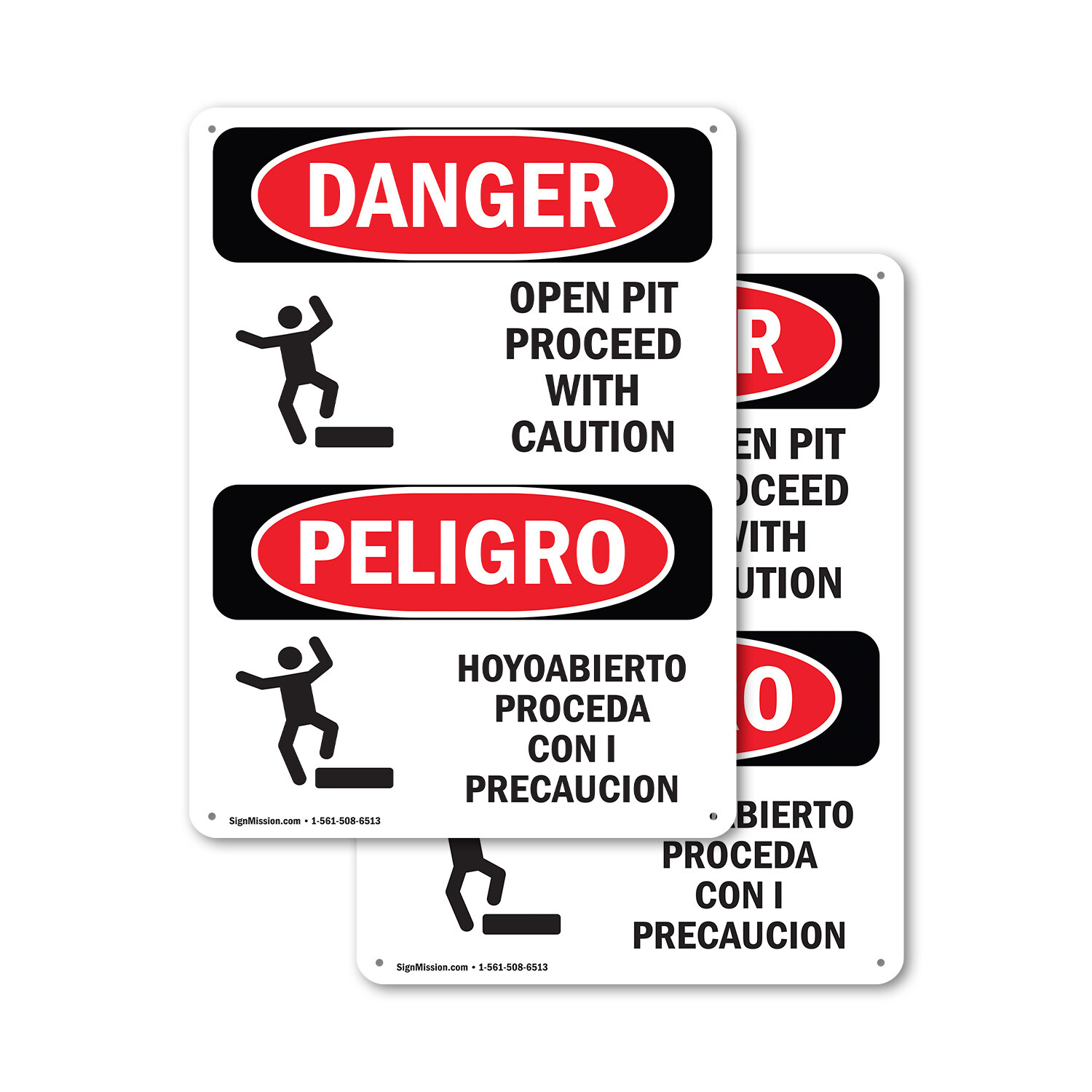 (2 Pack) Open Pit Proceed With Caution Bilingual OSHA Danger Sign Decal Metal