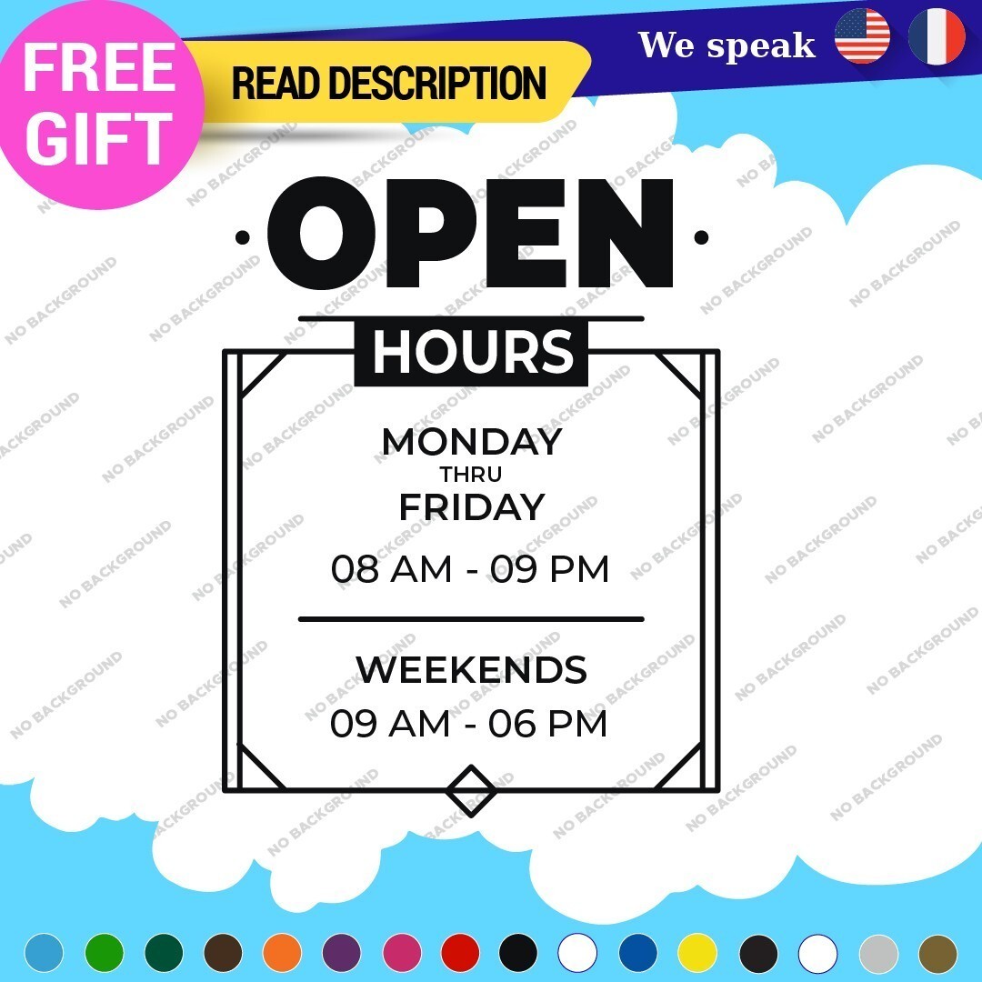 Business Name Hours Sticker Decal Vinyl Tel Store Door Sign Cell Open Closed