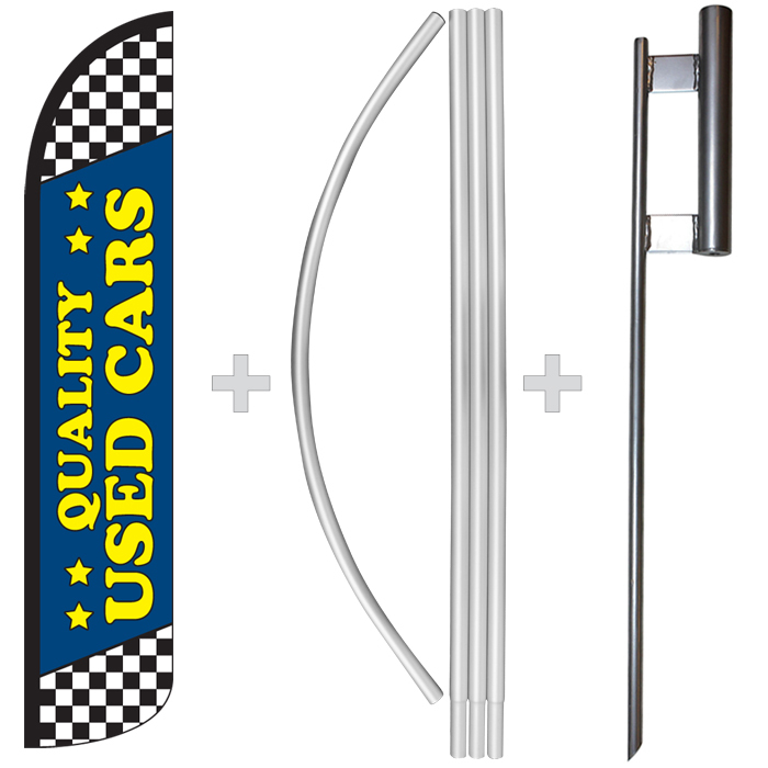 Quality Used Cars Blue 15′ Tall Windless Swooper Feather Banner Flag & Pole Kit