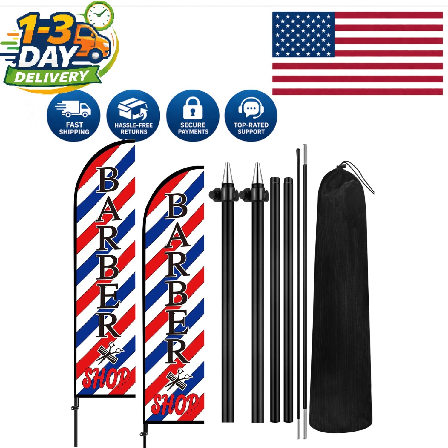 Pack of 2 Vibrant Barber Flags with Kit – Enhance Your Barbershop Visibility