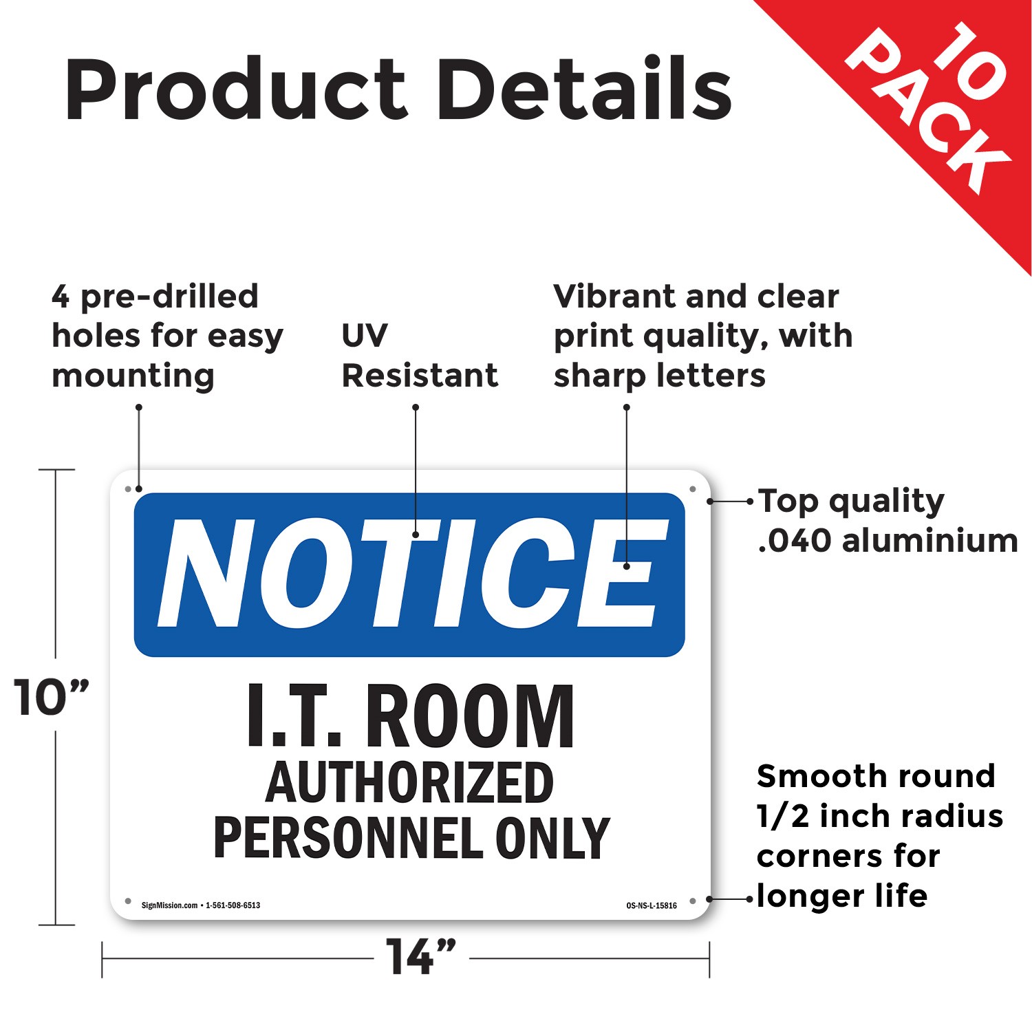 I.T. Room Authorized Personnel Only OSHA Notice Sign Or Decal – 5 or 10 Pack