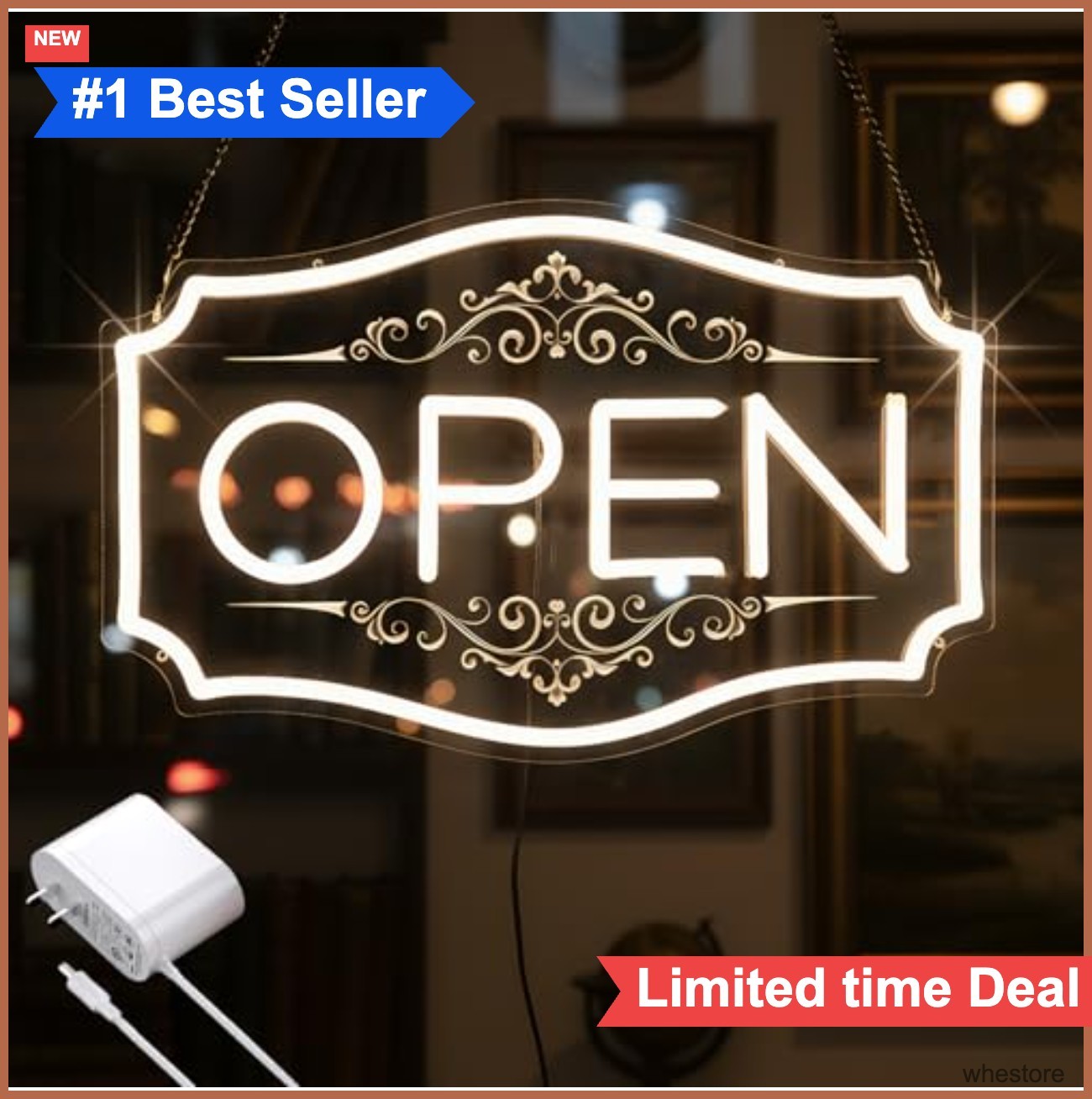 LED Neon Open Sign Dimmable Warm White 16.5×10.5 Inch 12V/2A Adapter for Window