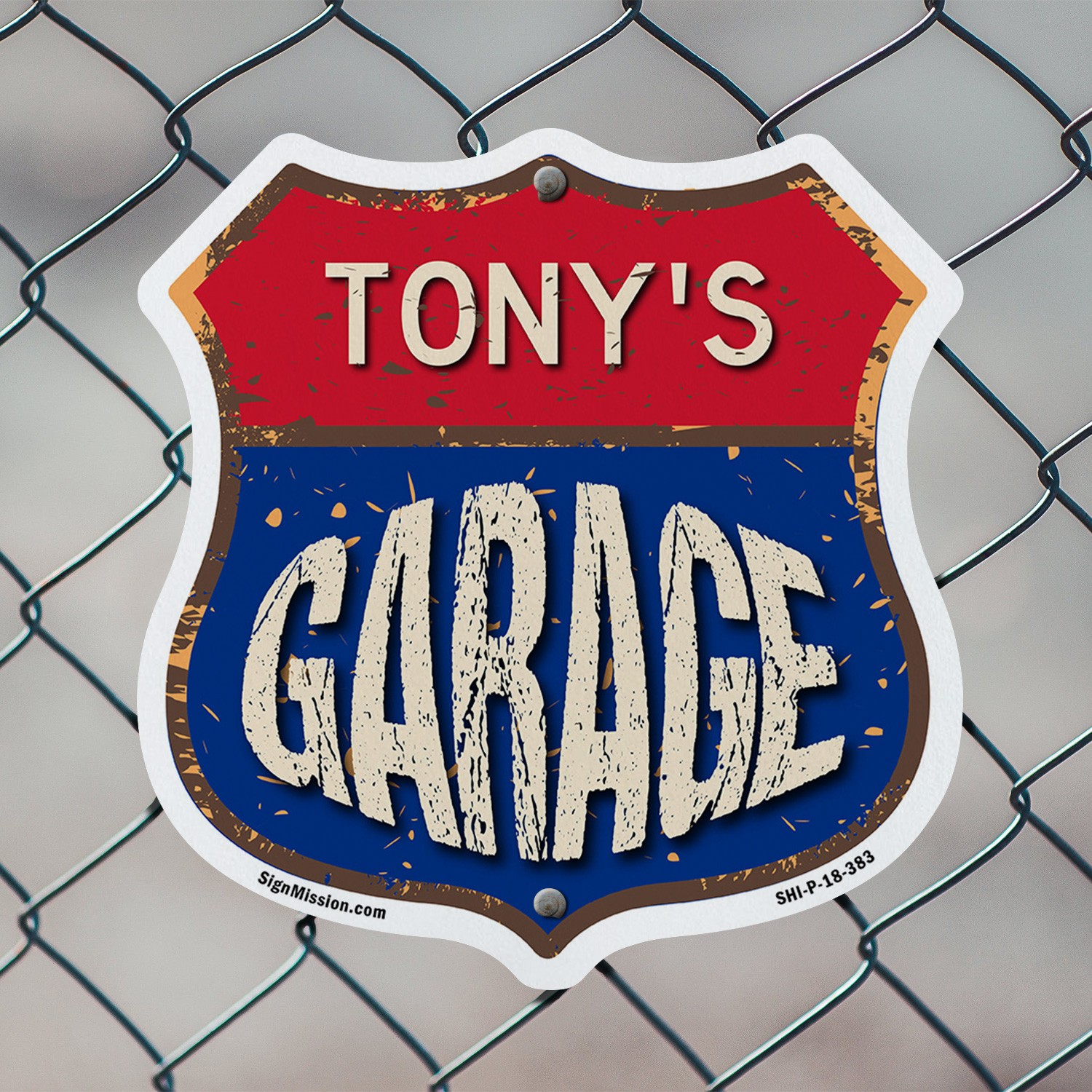 Tony’s Garage Shield Shaped Sign Weather Resistant Crafted in the USA