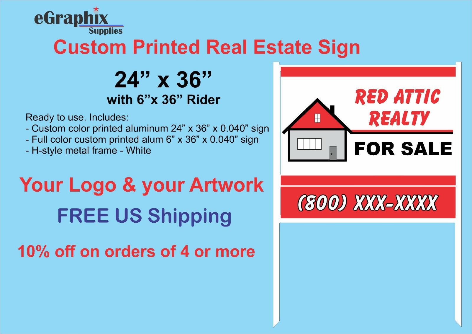 Custom Printed Real Estate Sign, 24 x 36″ Alum with H-Style WHITE Metal Frame