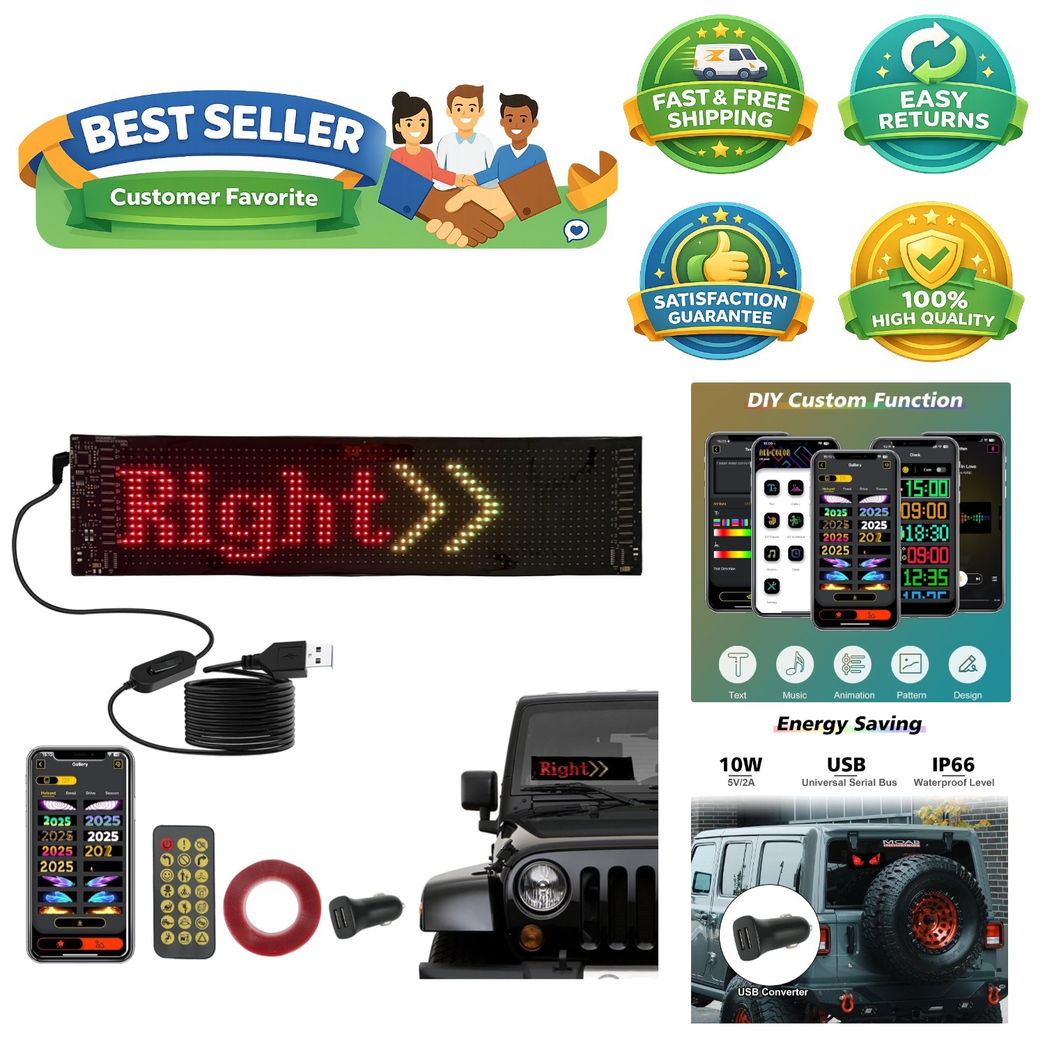 Flexible 23x5in Digital LED Display for Cars – DIY Text & Animation Features