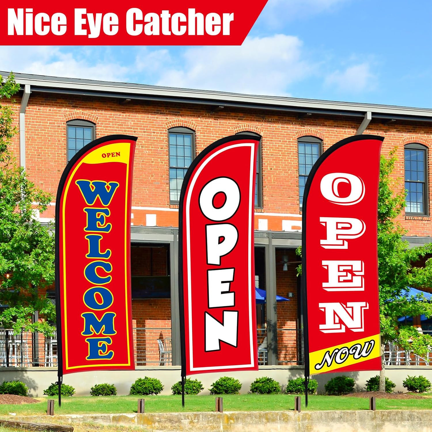 3 Sets Now Open Feather Flag Banner for Business Advertising 7 Feet Tall Grand O
