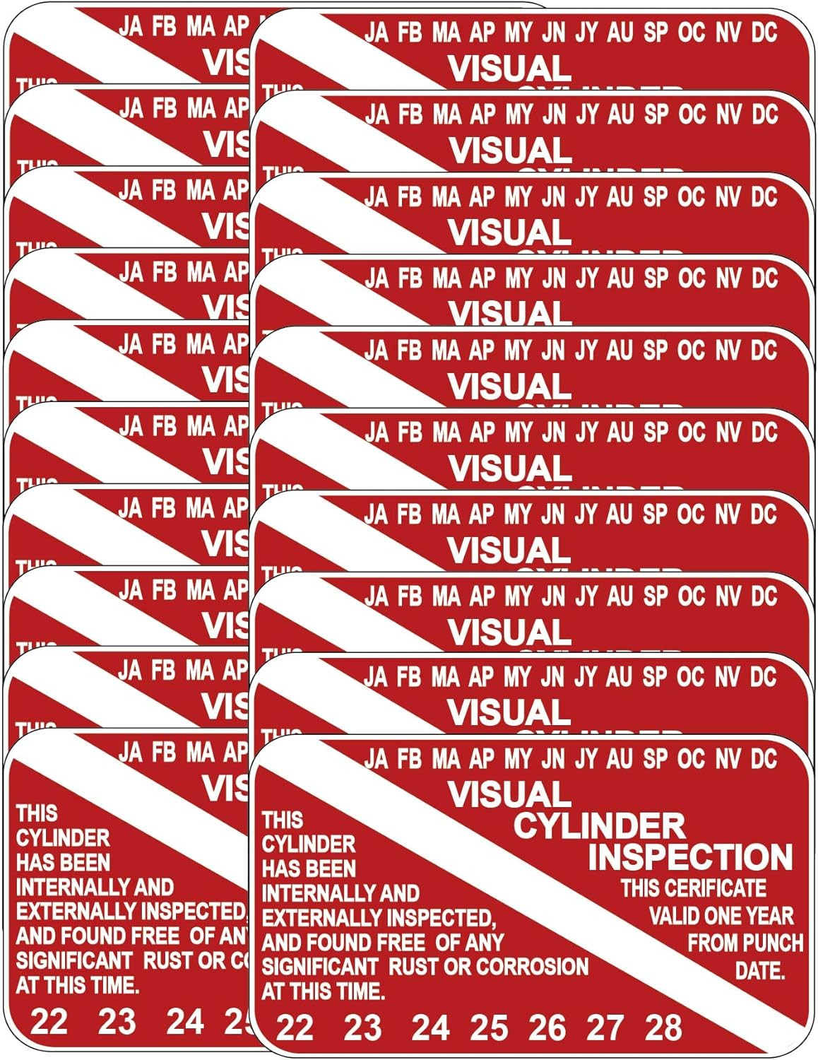 Scuba Visual Cylinder Inspection Sticker Decal Tag Years 2022-2028 (20 Pack)