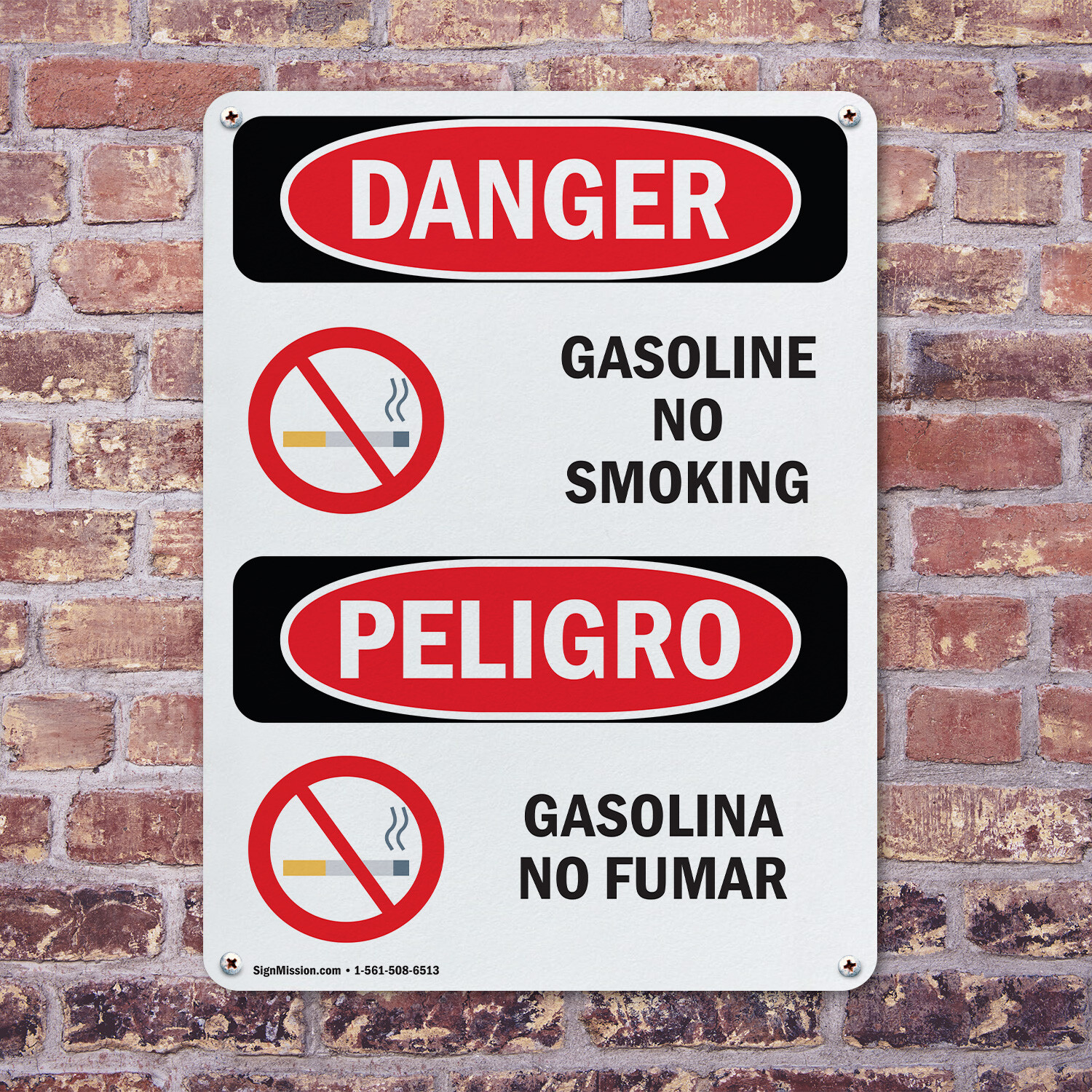 (2 Pack) Gasoline No Smoking Bilingual OSHA Danger Sign Decal Metal Plastic