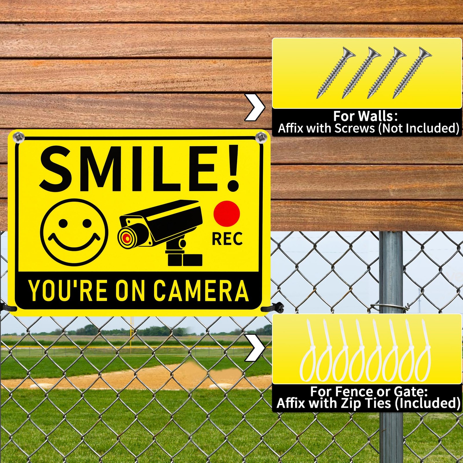 2 Pack Smile You’re on Camera Signs Aluminum Video Surveillance Signs 10×7 Inch
