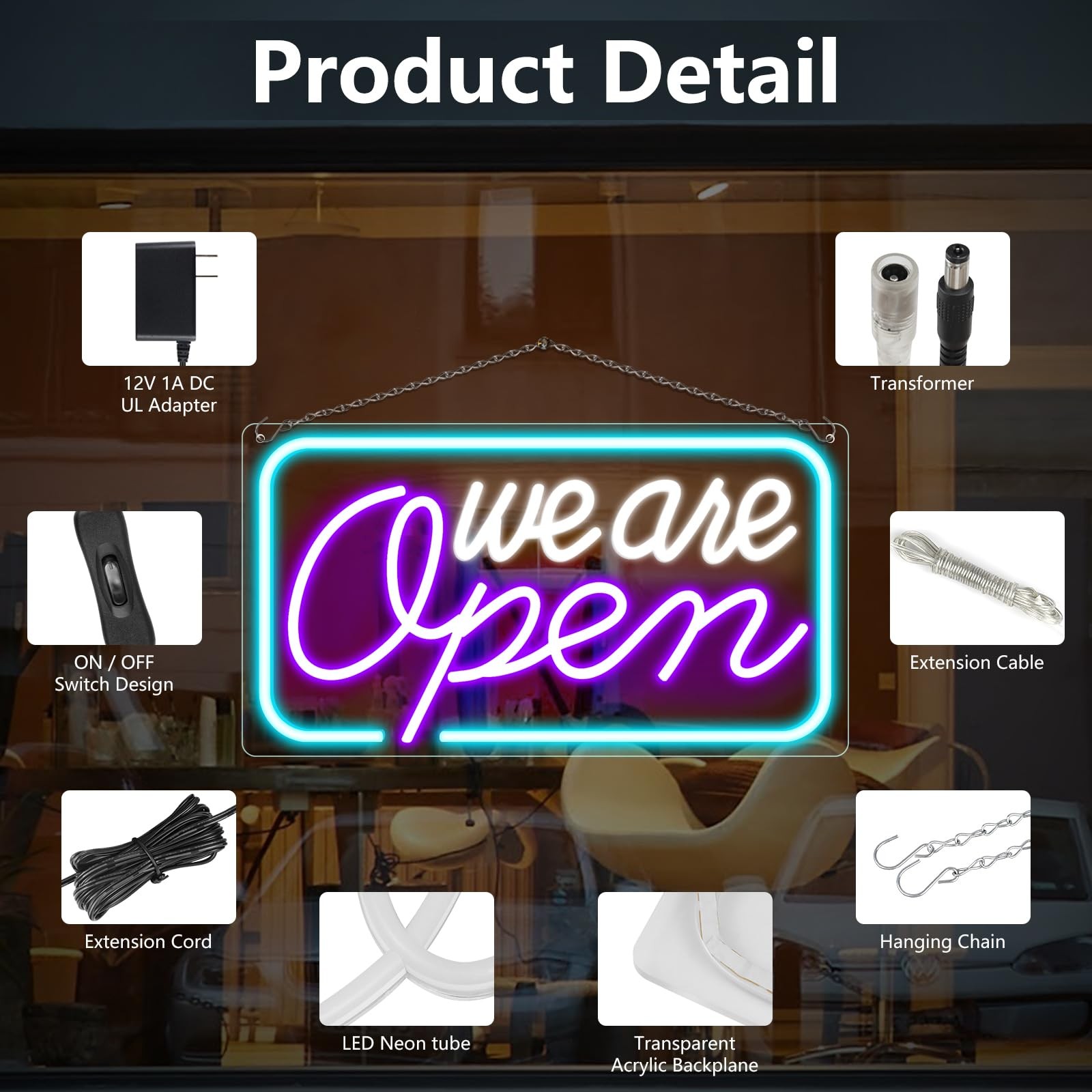 NELTBESIN Neon We Are Open Signs Business, 23.5”x 12.5” Adjustable Brightness