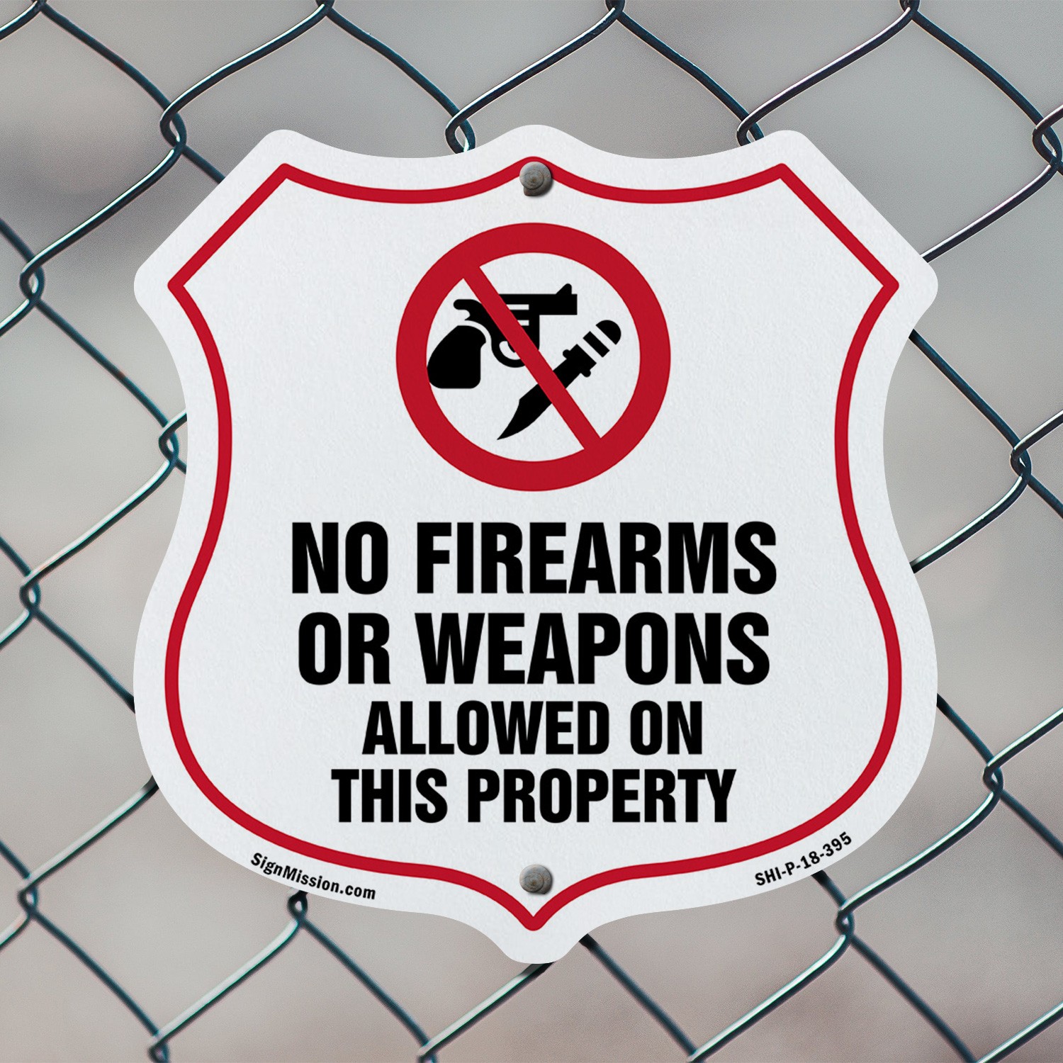 No Guns Shield Sign No Firearms Or Weapons Allowed On This P Shield Shaped Sign