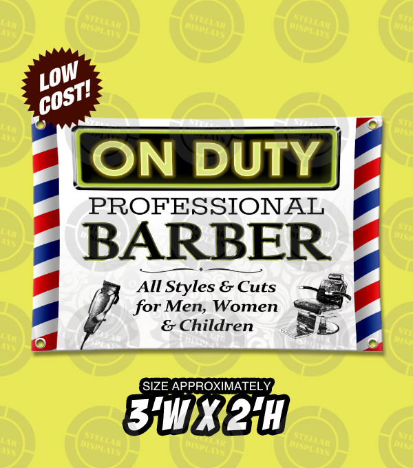 3’x2′ On Duty Barber Shop Beauty Salon Open Sign Banner Pole clipper chair vinyl