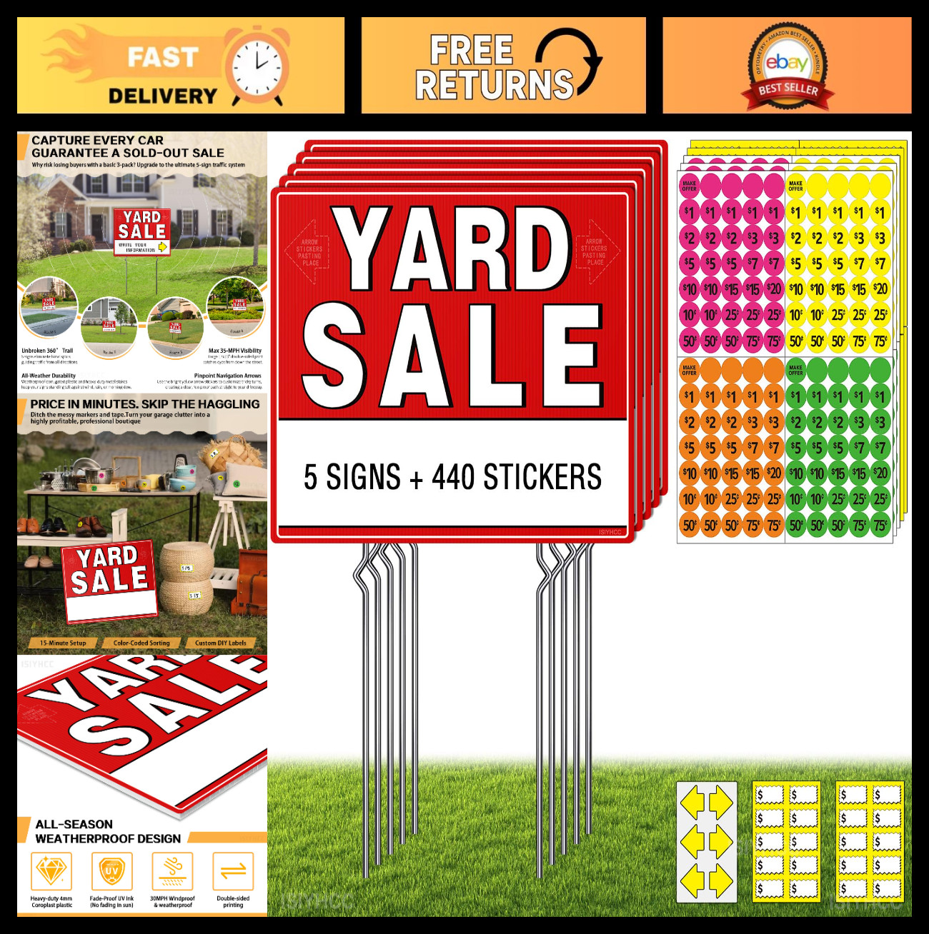 5-Pack Yard Sale Signs with Metal Stakes & 440 Price Stickers – 17×13″ Double-Si
