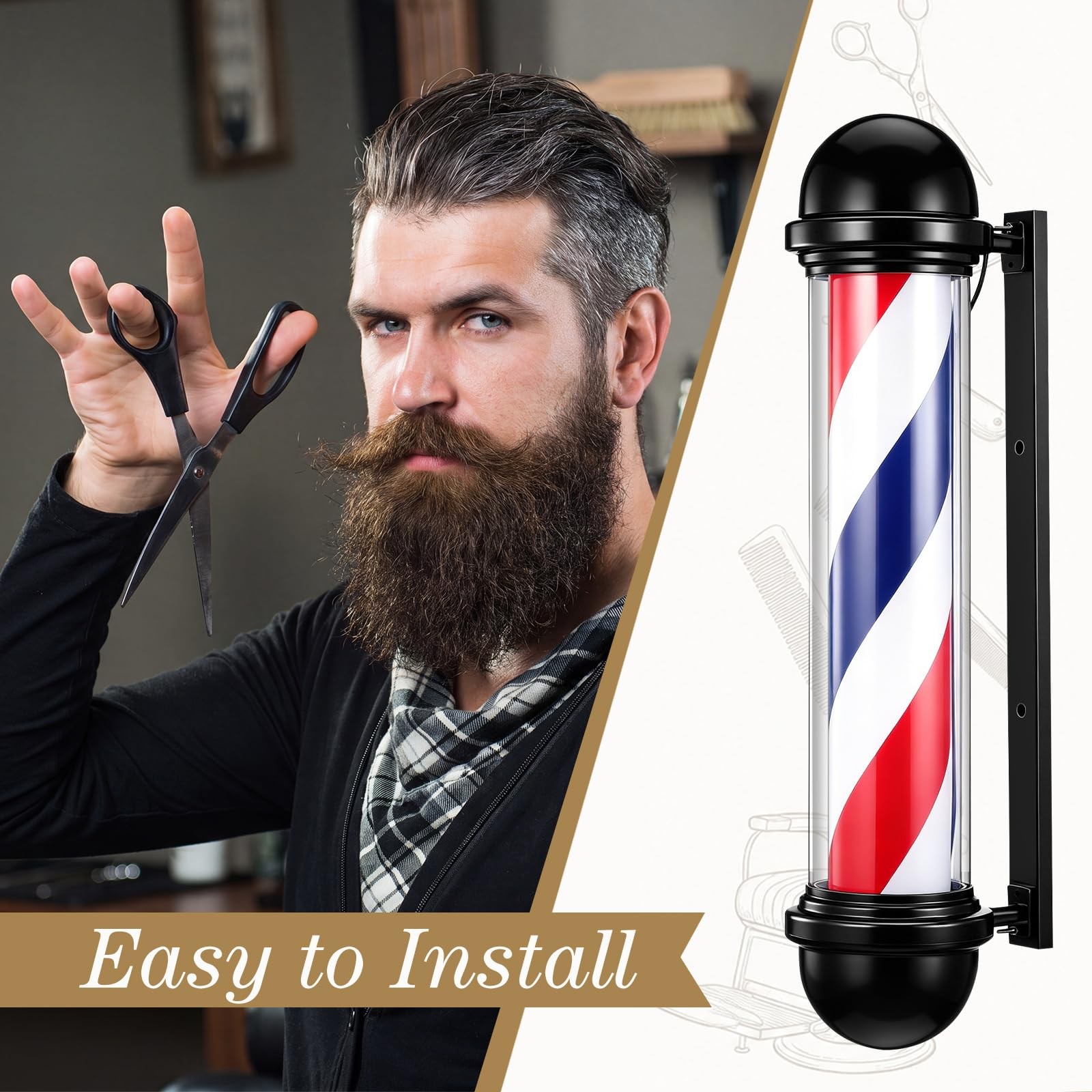 27” Barber Pole Light Red White Blue Stripes with Lights Barber Rotating Lig…