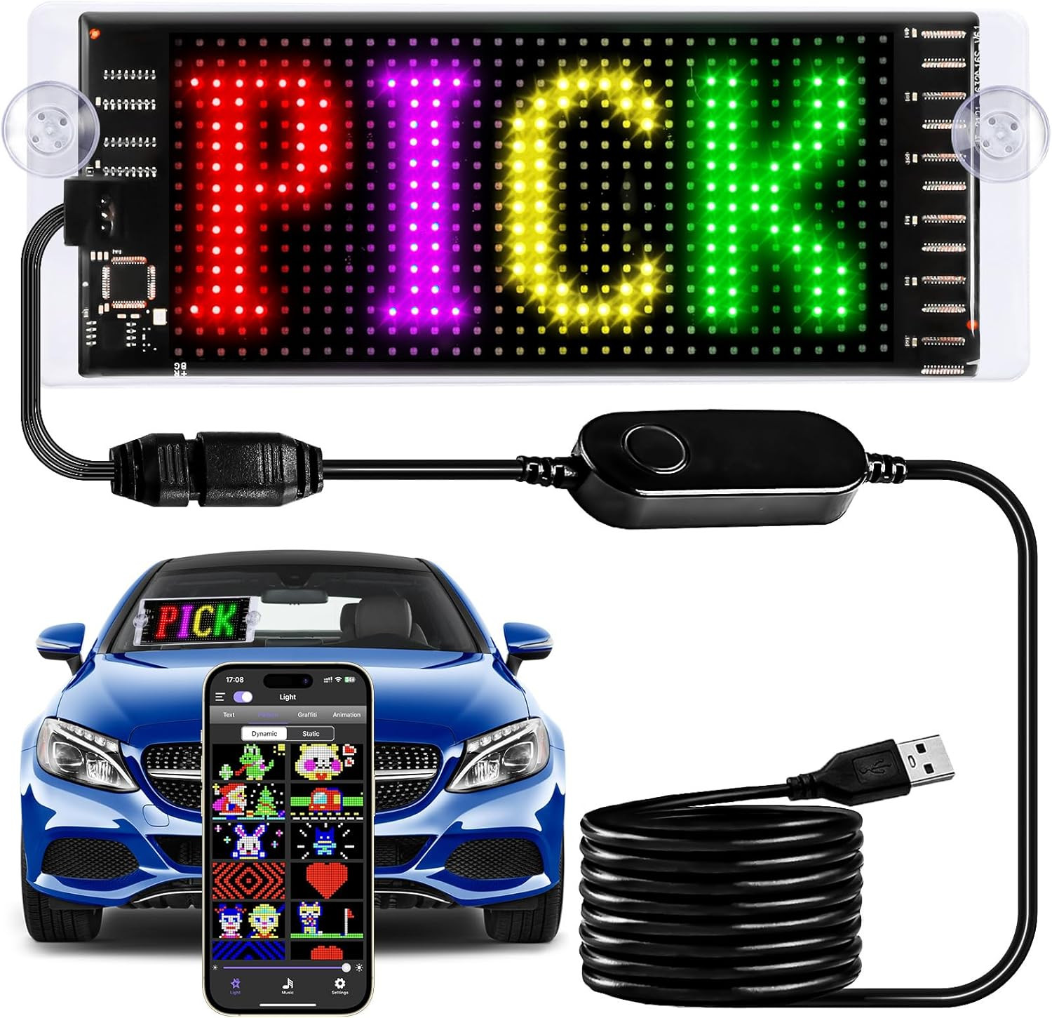 Light Sign for Car, 6.7”X2.7” Programmable Flexible LED Matrix Panel, Bluetoot