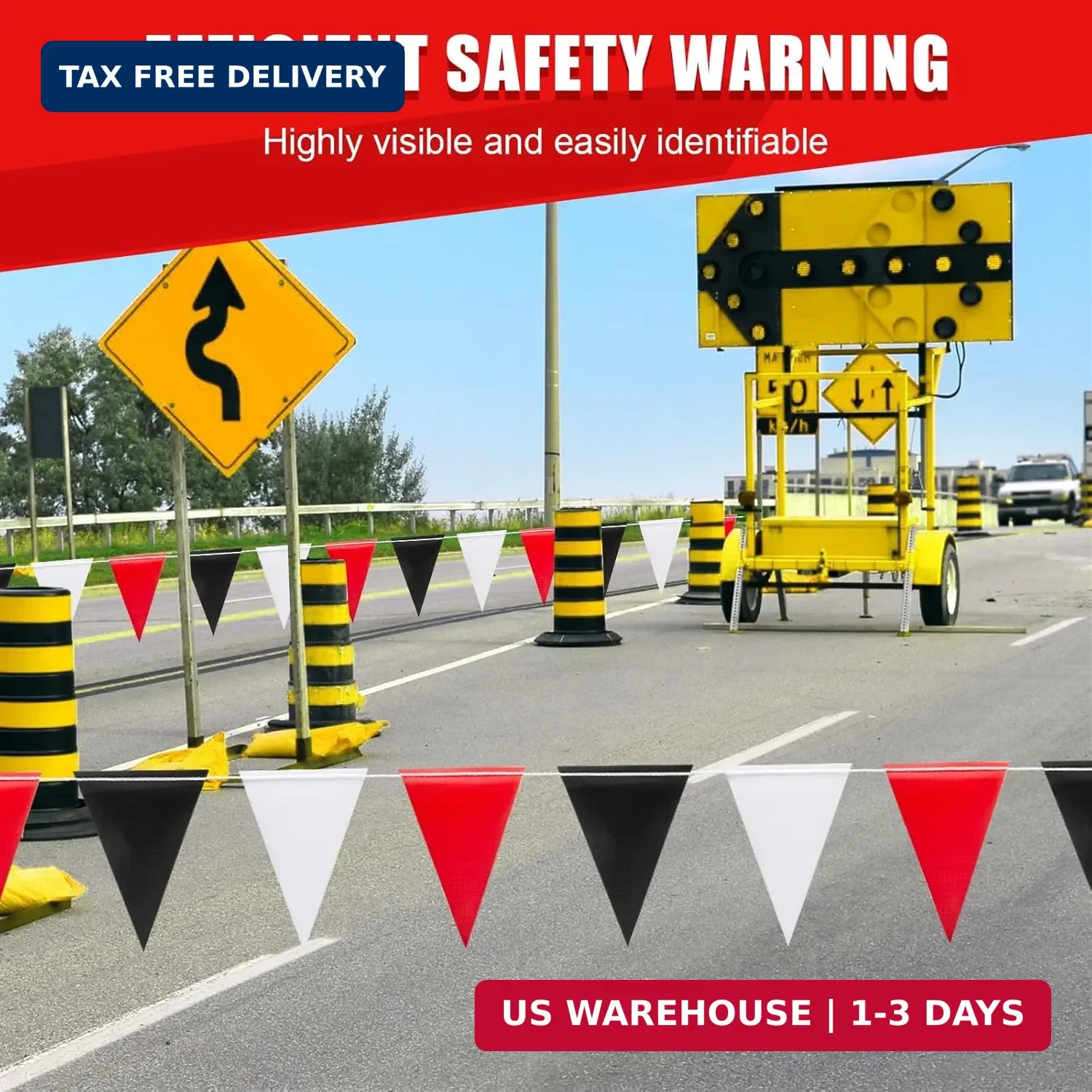 Caution Safety Pennant Flags – Multipurpose 105FT Colored Triangle Warning Banne