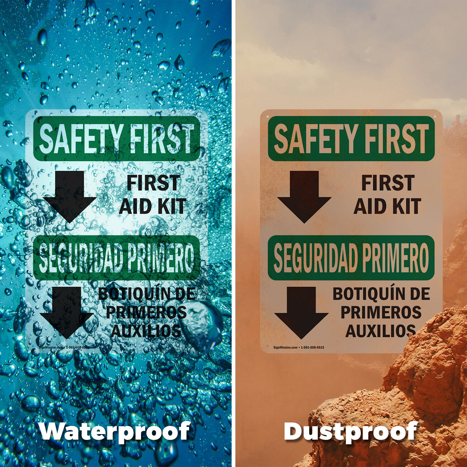 (2 Pack) First Aid Kit Bilingual OSHA Safety First Sign Decal Metal Plastic