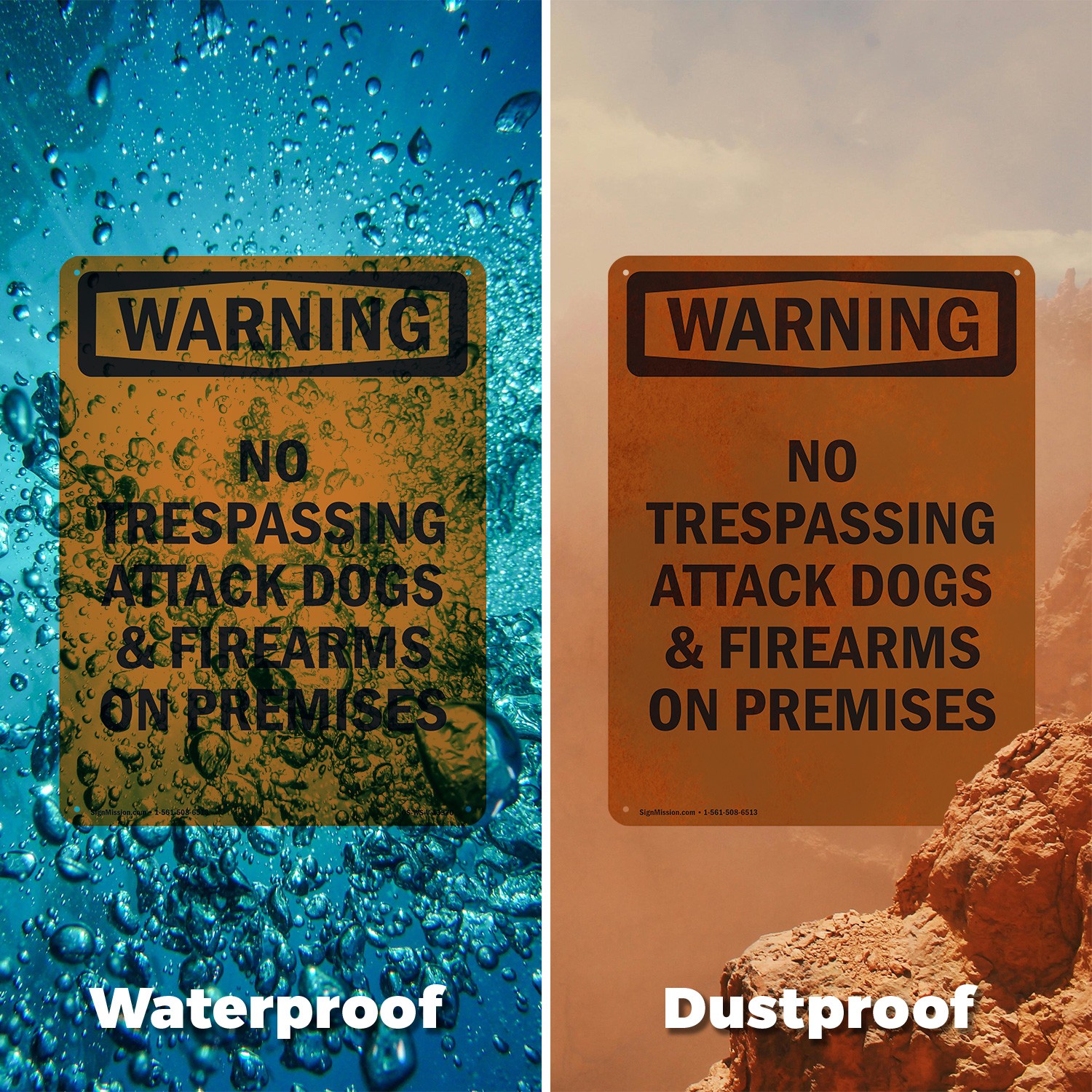 No Trespassing Attack Dogs & Firearms OSHA WARNING Sign Or Decal – 5 or 10 Pack