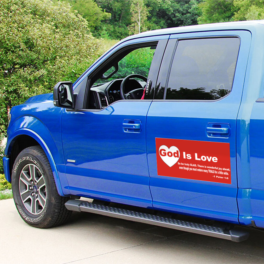 Car Magnet Set of 2 God Is Love… 1 Peter 1:6 Red Industrial Sign