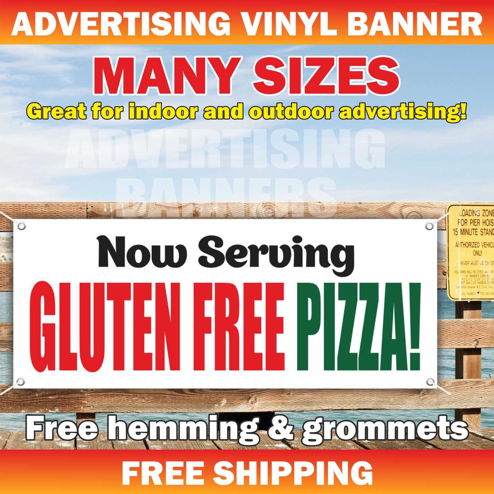 Now Serving GLUTEN FREE PIZZA! WINGS Advertising Banner Vinyl Mesh Sign delivery